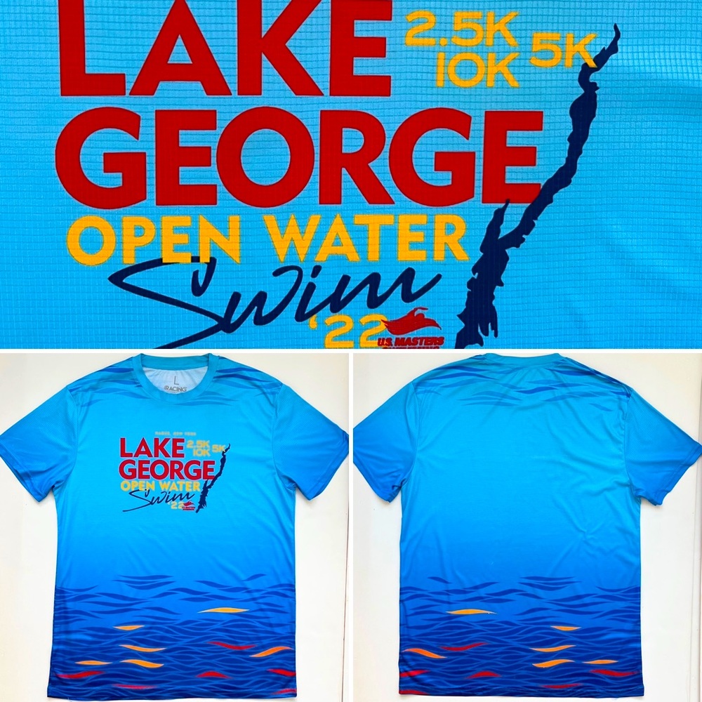 Lake George Swim 2.5k 5k 10k New York 2022, T-shirt, Polyester, Blue, Men Large